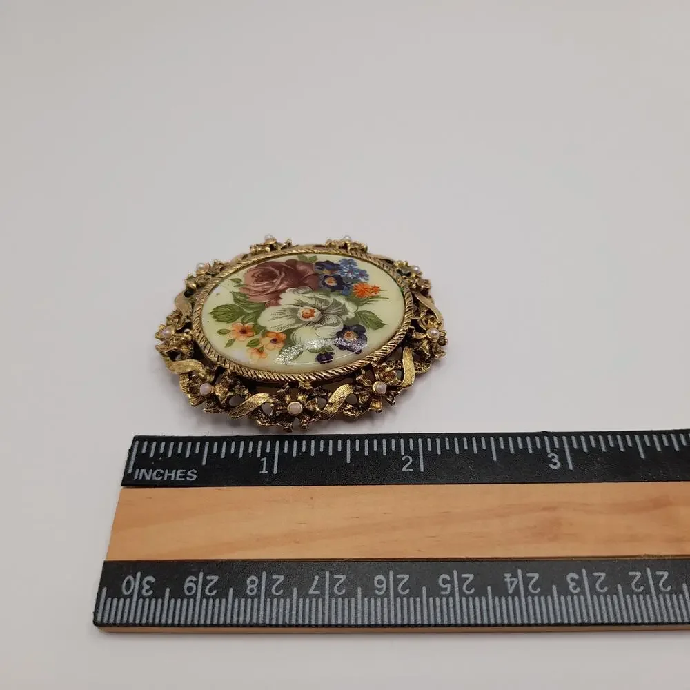 Vintage Porcelain Floral Brooch Pendant Combo, Faux Pearls, 2 1/4 Inches